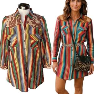 Fashion Express Striped Western Mini Shirt Dress Cow Print Accent Button Up Sz M